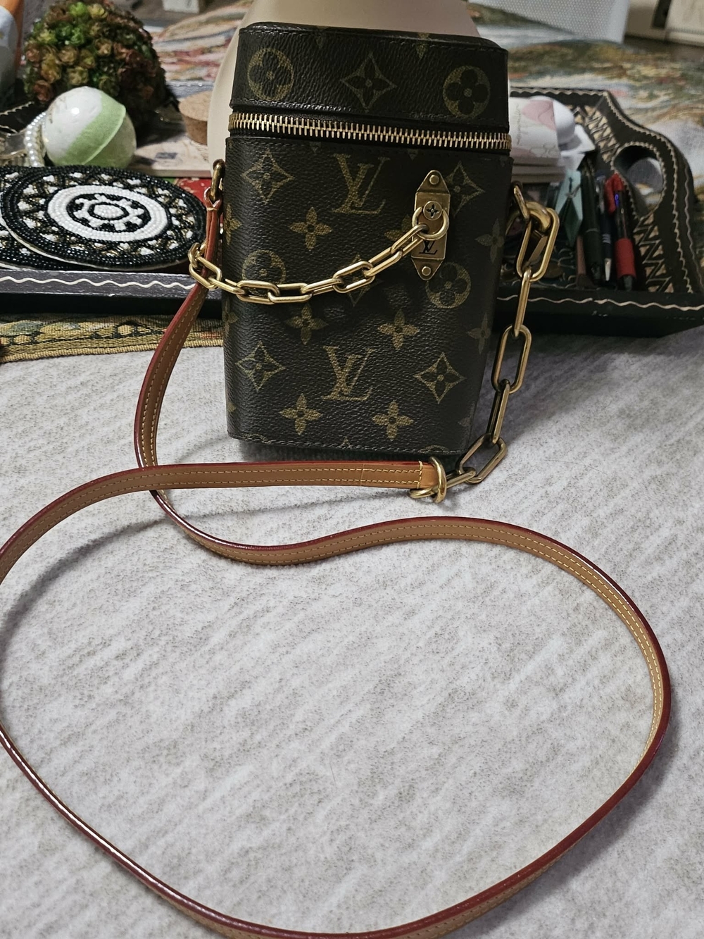 Louis Vuitton Monogram Box Crossbody with Gold Chain and Tan Trim